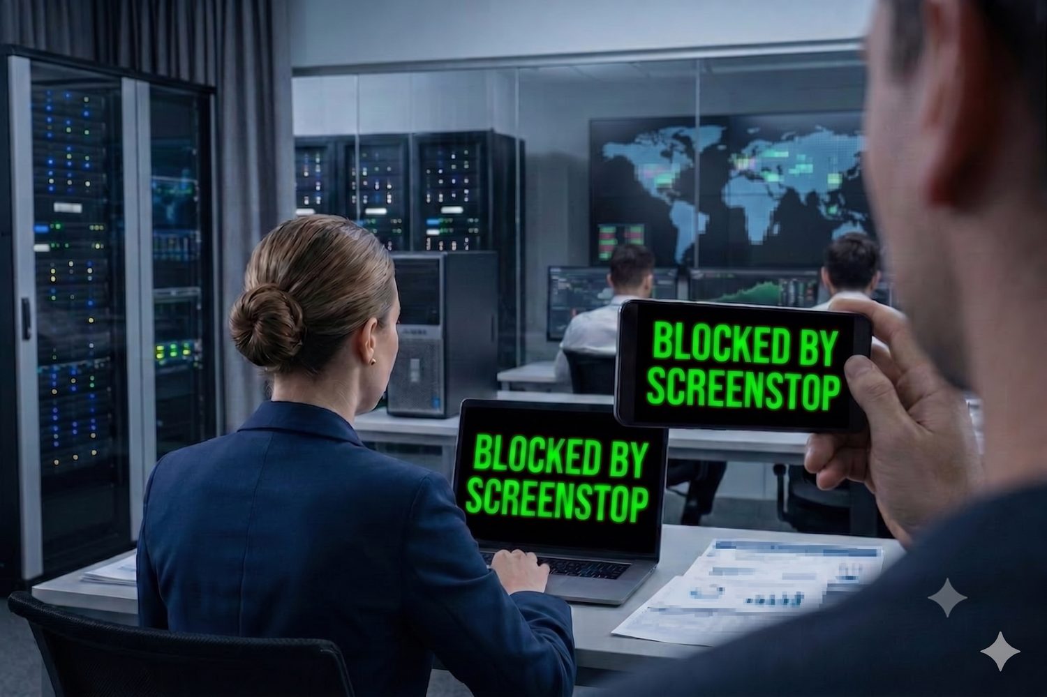 A phone pointed at a workstation — both the laptop screen and the phone's view show BLOCKED BY SCREENSTOP
